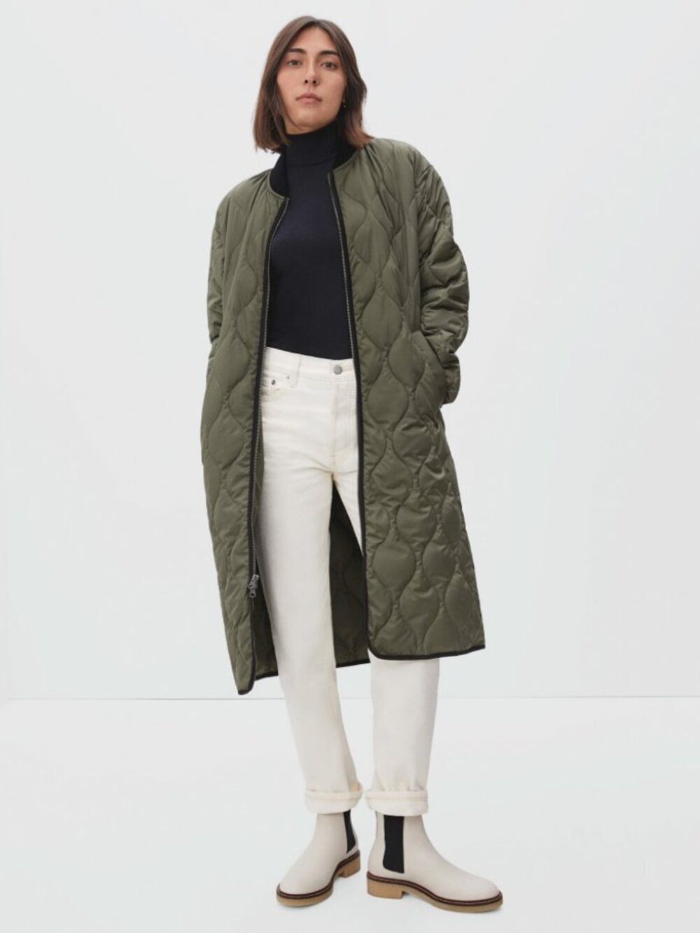 Everlane The ReNew Long Liner Quilted Jacket Size XS Kalamata